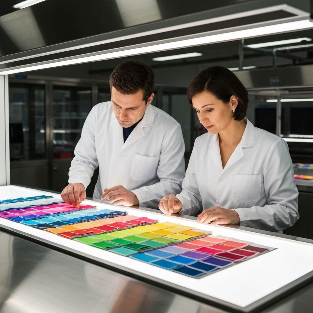 Lab workers checking fabric colors with calibrated LED lightbox